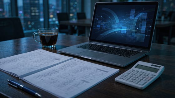 夜晚办公室里摊开的成本报表、笔记本电脑与计算器,冷蓝色调