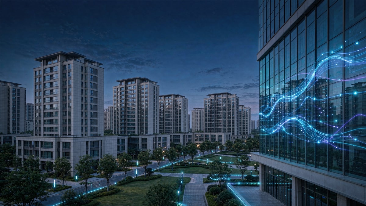 傍晚的现代住宅小区实景,右侧玻璃幕墙办公楼上有蓝色光效勾勒出数字化连接的科技感